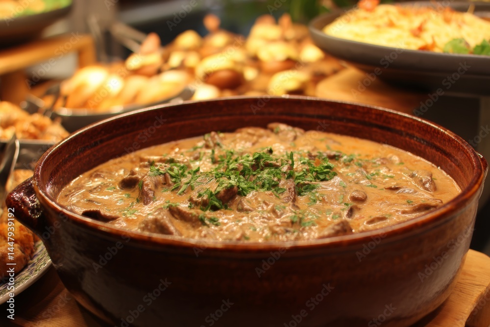 A bowl of creamy beef stroganoff is garnished with fresh parsley and looks incredibly delicious. A bowl of creamy beef stroganoff is garnished with fresh parsley and looks incredibly delicious.