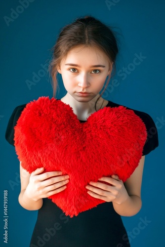 Obraz na płótnie Cute Valentine's Day greeting. Isolated white adult woman on rich dark blue background with fluffy heart in hands. Professional studio snapshot, copy space. w salonie