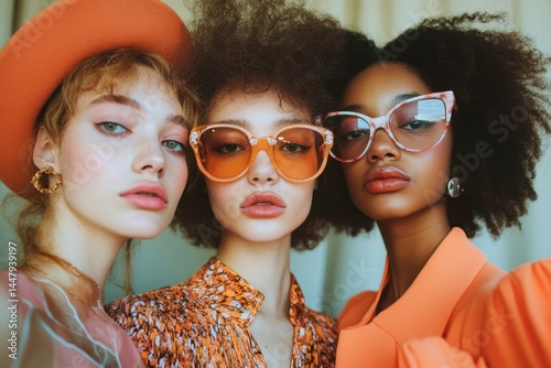Three stylish women pose together in bright accessories, showcasing bold sunglasses and vibrant clothing in a modern setting filled with natural light