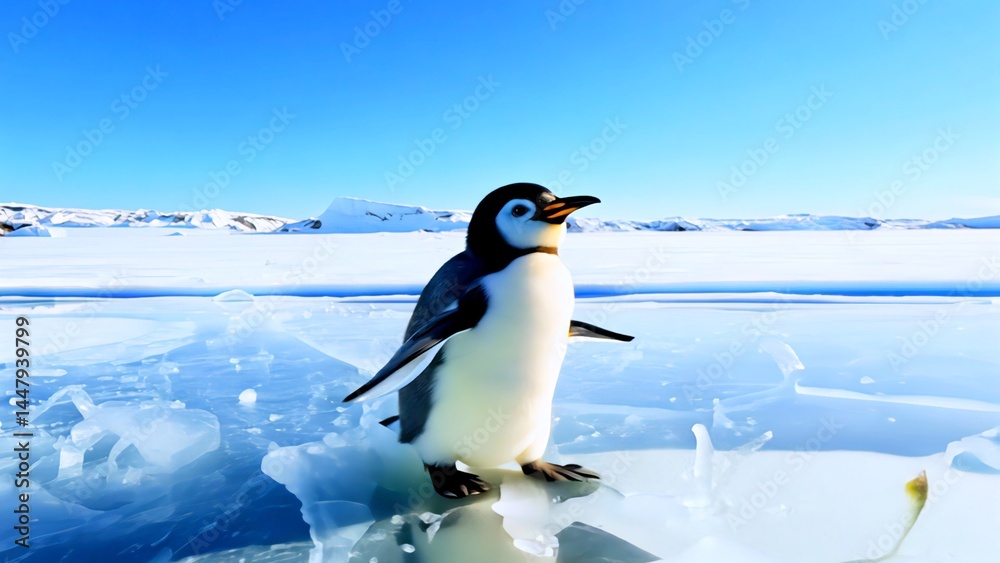 Obraz premium Emperor penguin standing on fragile ice, surrounded by snow capped mountains and azure sky, highlighting Antarctic ecosystem vulnerability