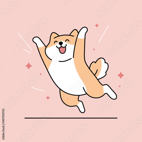 Cute cartoon Shiba Inu dog jumping joyfully with a big smile. Fun and cheerful illustration. Perfect for pet content, kids, or kawaii designs. Vector isolated on a pink background.