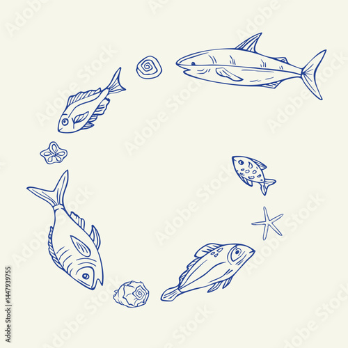Fish and seashell line sketches