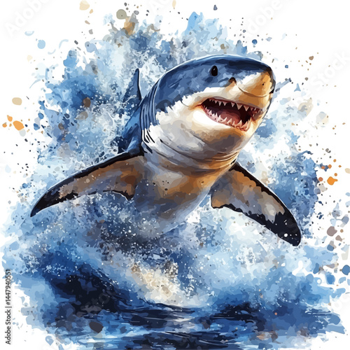 Great White Shark Breaching The Surface, vector watercolor illustration, isolated on a white background.