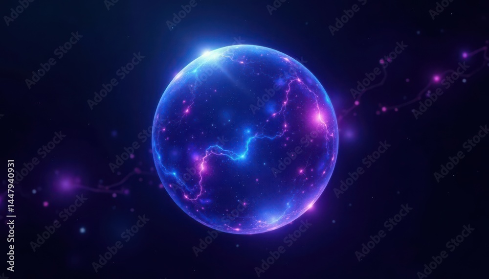Obraz premium Electric blue and purple plasma sphere, isolated on black background , purple, effect