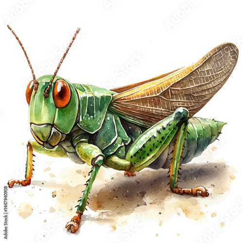 Grasshopper Leaping Across A Field, vector watercolor illustration, isolated on a white background.