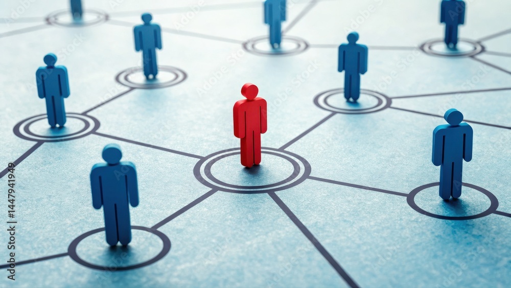 Paper cutout people connected by lines, with one red figure standing out among blue figures, symbolizing networking or leadership. Paper cutout people connected by lines, with one red figure standing out among blue figures, symbolizing networking or leadership.