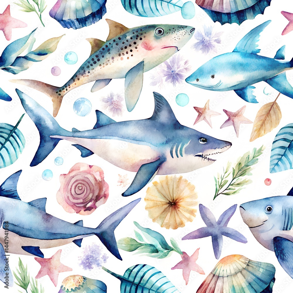 Fototapeta premium Watercolor marine seamless pattern with whales, dolphins, sharks, shells and fish. Hand drawn illustration
