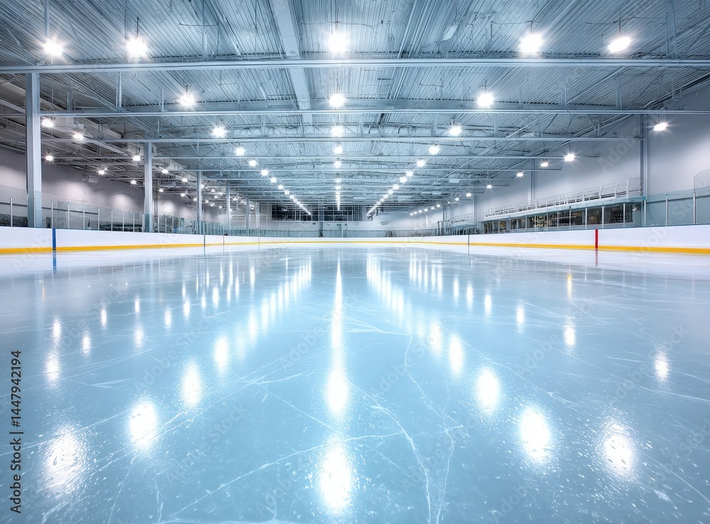 Fototapeta premium An empty, brightly-lit indoor ice skating rink with clear, smooth ice and modern overhead lighting.