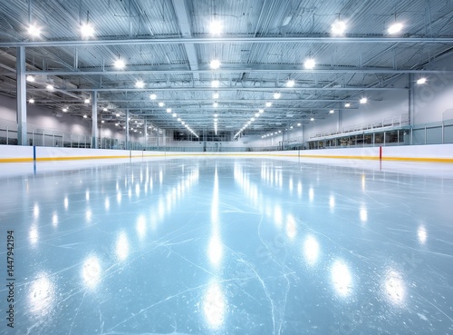 An empty, brightly-lit indoor ice skating rink with clear, smooth ice and modern overhead lighting.