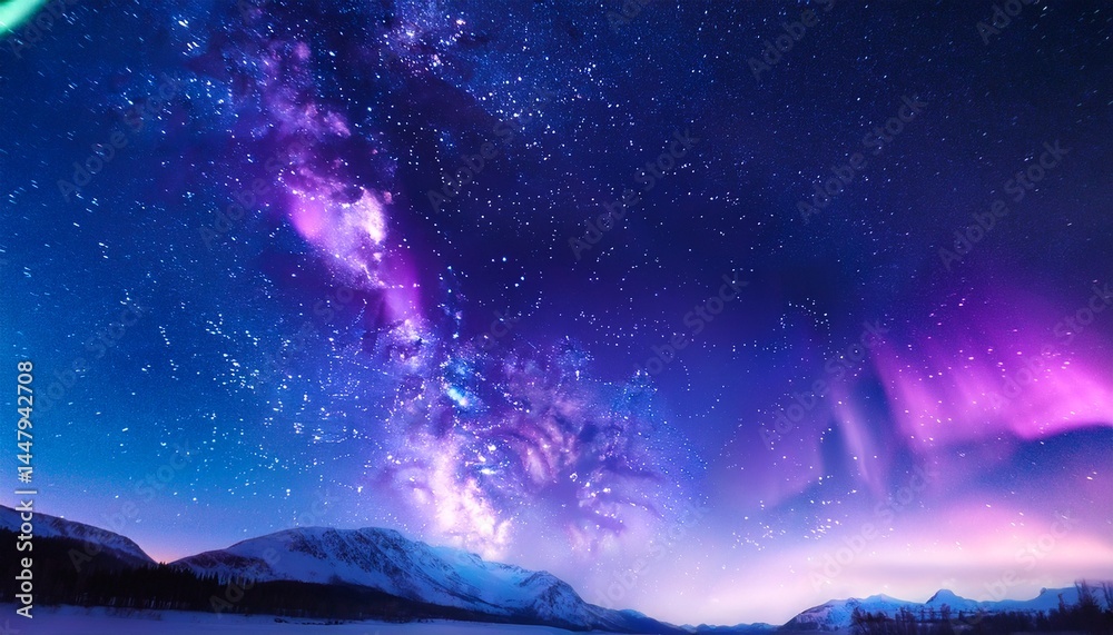 Fototapeta premium Milky Way Galaxy Aurora Borealis Night Sky Mountains Stars Winter