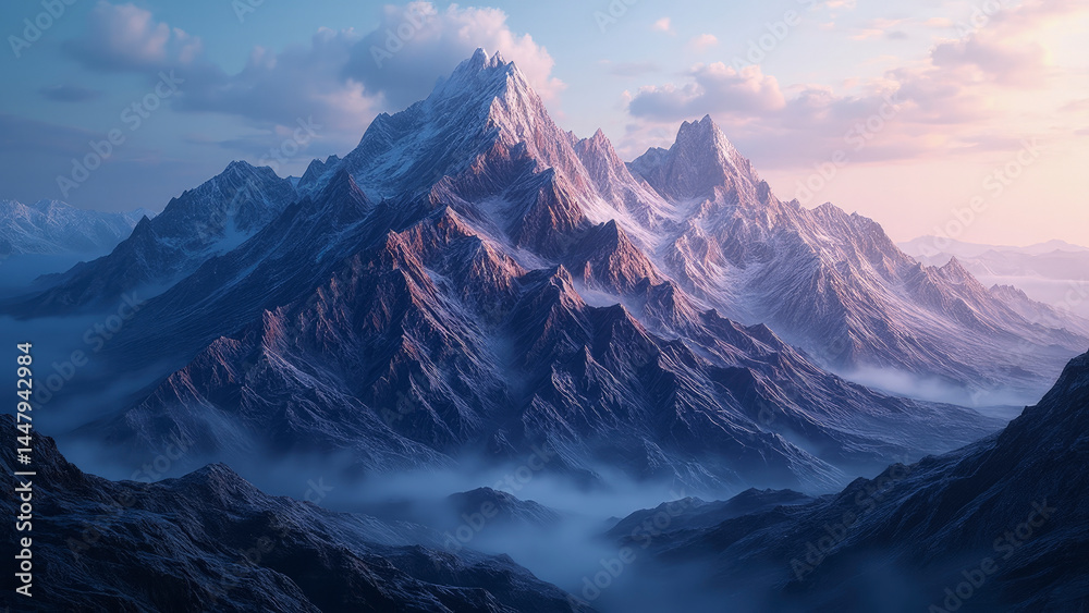 Obraz premium Majestic mountain range at dawn, clouds cover lower slopes and peaks touched by morning light. The sky is painted with pastel colors, and the scene exudes a sense of serenity and natural beauty. 