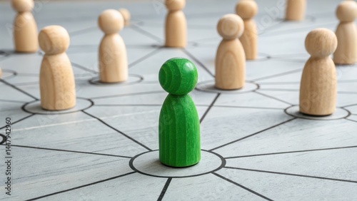 A green wooden figure stands at the center of a network, surrounded by neutral-colored figures connected by lines.