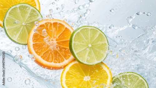 Colorful citrus slices splashing in refreshing water with vibrant bubbles and a clean, fresh background.