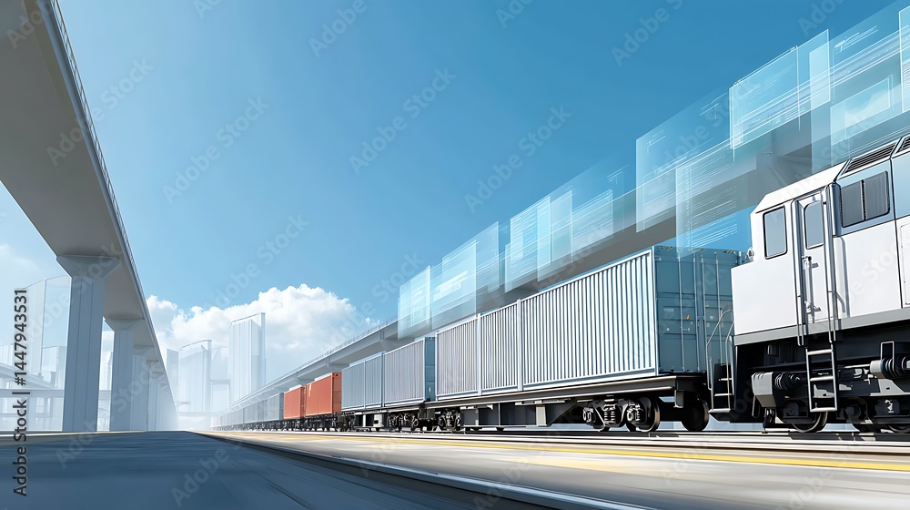 High-Speed Train Transporting Cargo through Industrial Landscape with Modern Background Elements High-Speed Train Transporting Cargo through Industrial Landscape with Modern Background Elements