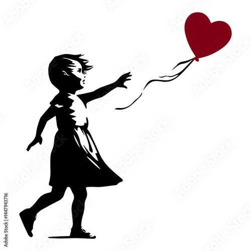A black and white silhouette of a little girl who missed a burgundy balloon. A gloomy illustration spray-painted on a graffiti-style wall that symbolizes the end of childhood. White isolated backgroun