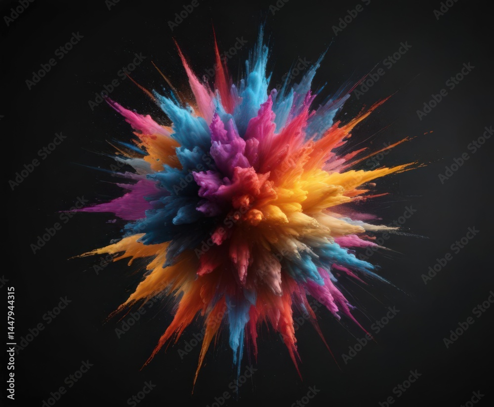 Obraz premium Multicolored powder burst against stark black background, dynamic energy , joy, color, design