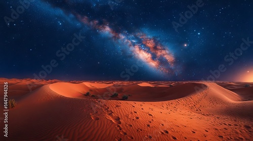 Starry night sky over orange sand dunes in desert landscape with footprints.