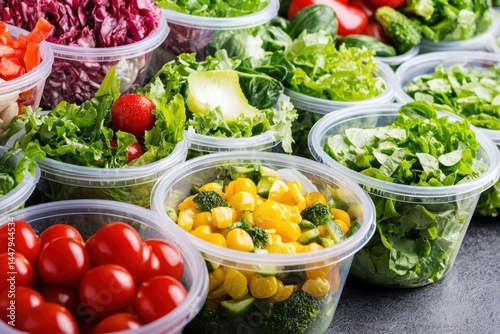 Fresh vegetables and salads are neatly packed in clear plastic containers, ready for a healthy meal or convenient takeaway.