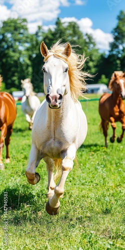 A group of horses runs freely across a lush green field under a bright blue sky.