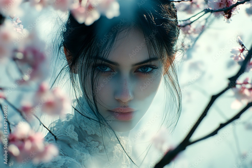 Commercial ad campaign visual idea. Gorgeous caucasian young woman surrounded by cherry blossoms. Spring mood, morning glow and fog. Woman in vibrant cherry blossom grove.