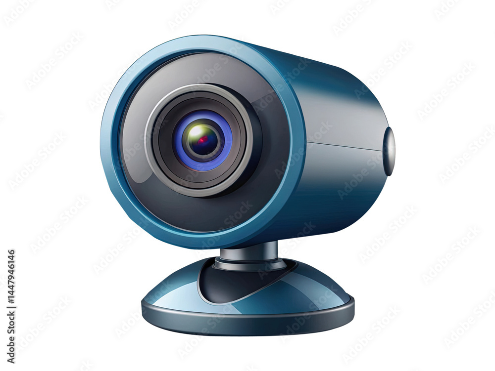 A stylized blue computer webcam with a modern design aesthetic on white A stylized blue computer webcam with a modern design aesthetic on white