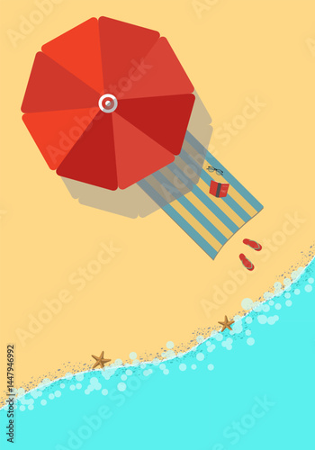 Summer vacation poster on the seaside. A place for solitude, reflection and relaxation. Minimalistic illustration for additional text in bright colors.