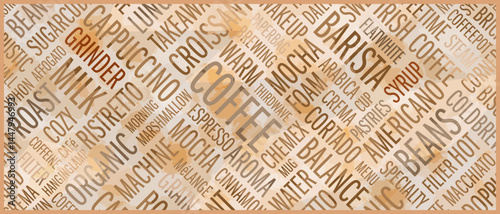 Wide horizontal coffee poster in the form of a font composition. Work in shades of brown. For placement in bars, restaurants, shops.