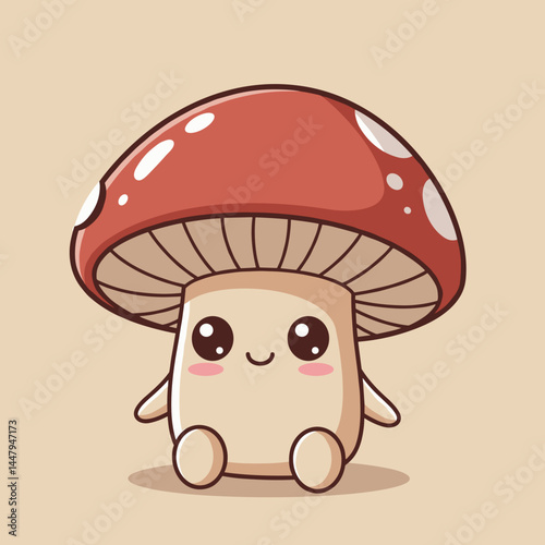 Cute cartoon mushroom character smiling on a neutral background  