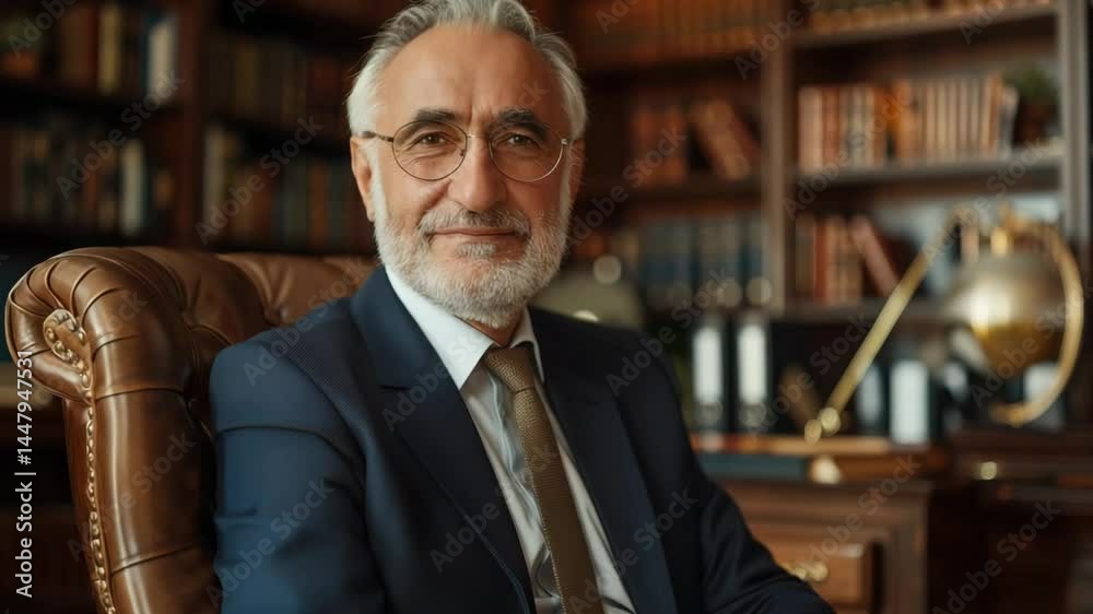 Professional lawyer in office setting with bookshelf background, reflecting experience and confidence Professional lawyer in office setting with bookshelf background, reflecting experience and confidence