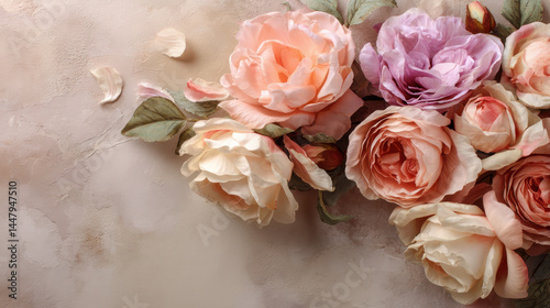 A delicate arrangement of pastel colored roses with soft petals and lush green leaves resting on a textured beige surface creates a dreamy floral background.