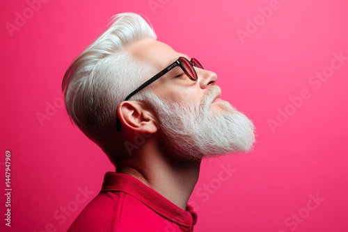 Obraz na płótnie Elegant men's textured crop haircut - midlife white man with white hair. A classy midlife man with a timeless look. Visual idea of style for aging men. Pink solid background. w salonie