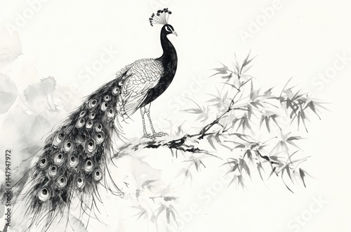 Traditional Chinese ink painting of a peacock on a pure white background