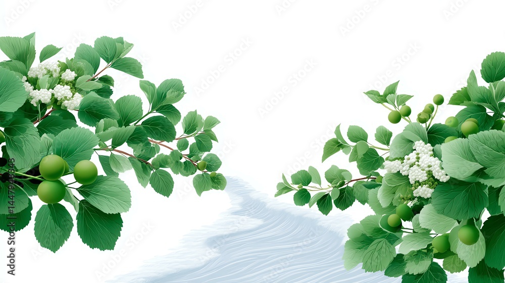 Obraz premium Fresh green leaves with delicate white flowers.