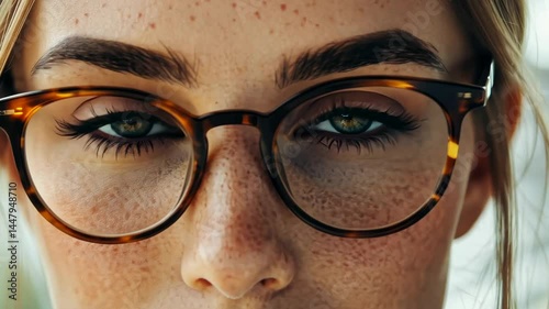 Eyeglass wearer expresses emotions: curiosity, focus, serenity sequence