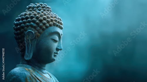 A serene close up of a stone Buddha statue with a blue tint evokes a sense of peace, meditation, and spiritual enlightenment in a tranquil environment.