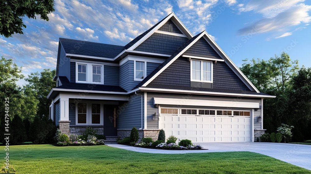 Very nice house with green grass in front of the house with a garage Very nice house with green grass in front of the house with a garage