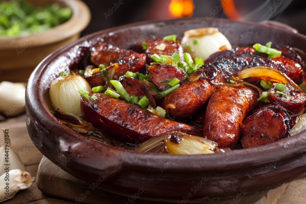 A close-up of a clay pot filled with grilled sausages, onions, and fresh herbs. A close-up of a clay pot filled with grilled sausages, onions, and fresh herbs.
