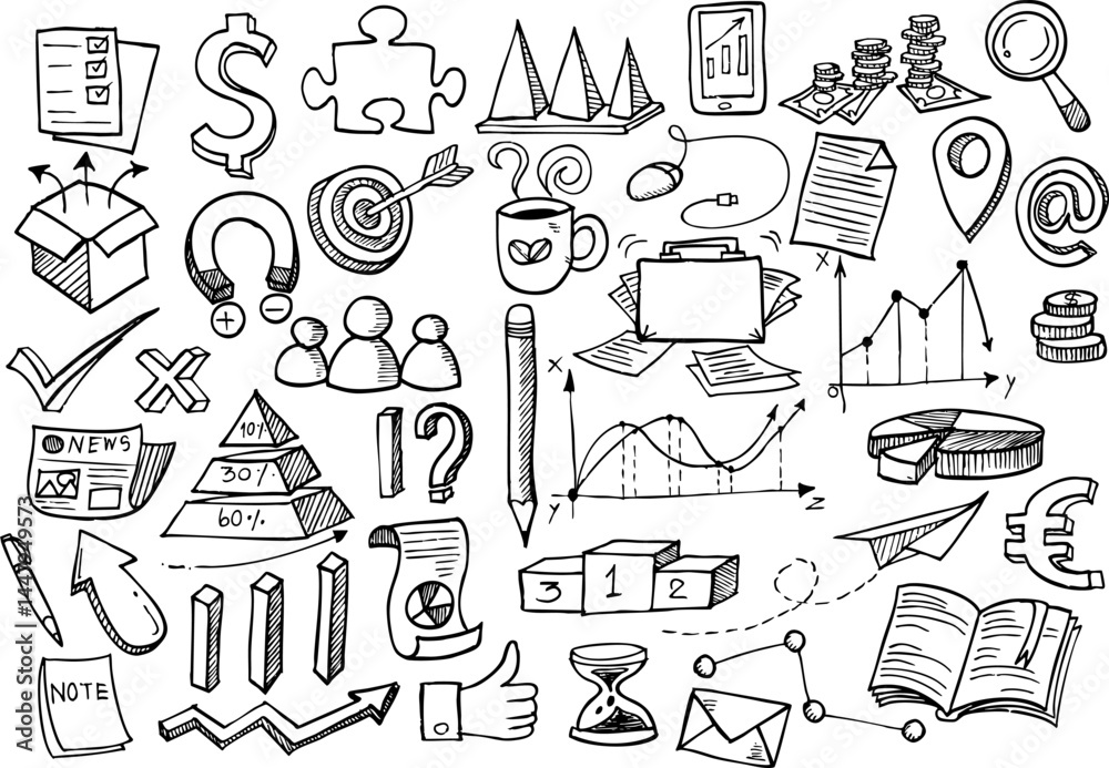 Hand-drawn business doodle set. Vector illustration of business elements in doodle style.