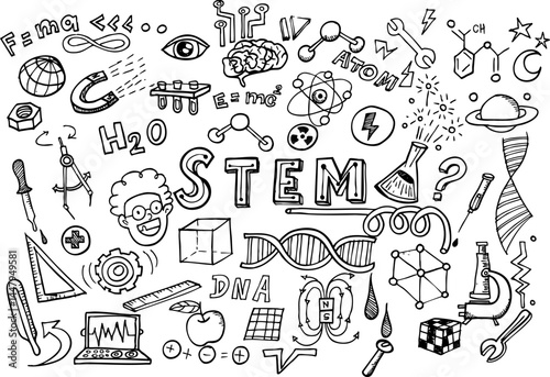 "STEM" hand-drawn sketch set,Science education doodles illustration.