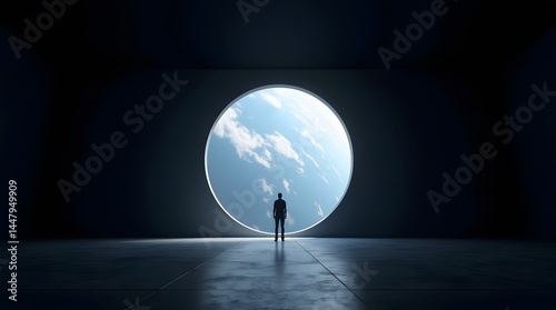 Dreamlike space escape: silhouette by portal to Earth. Minimalist, conceptual. Ideal for future, hope, travel, technology themes.