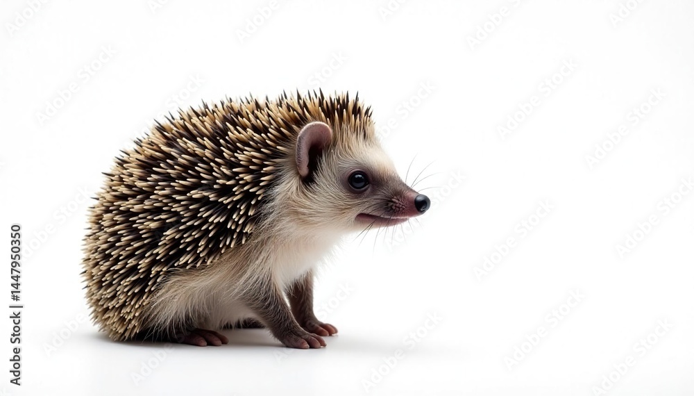 Obraz premium A lone hedgehog, facing right, against a bright white backdrop, background, fauna, spikes