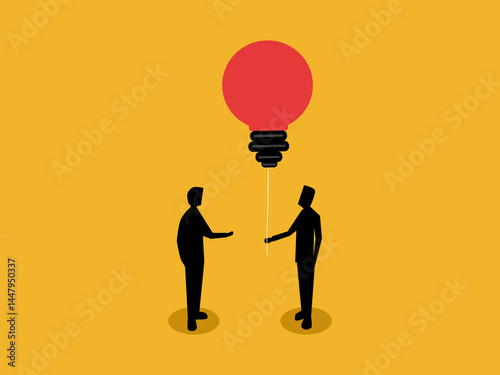 Teaching new skills, Businessman gives light bulb to coworker