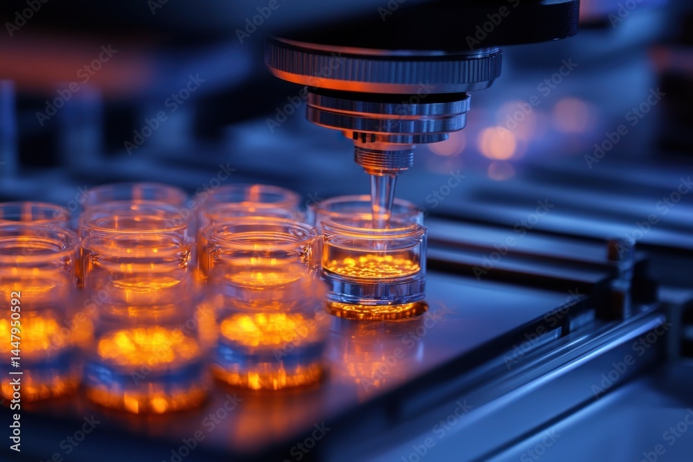 Obraz premium Microscope conducting analysis on samples in laboratory during evening hours
