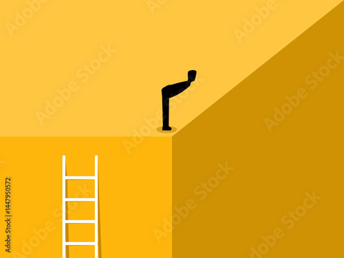 Depression, Businessman looking down from the corner of the building to change his perspective
