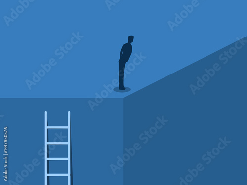 Businessman looking down from the corner of the building, business crisis