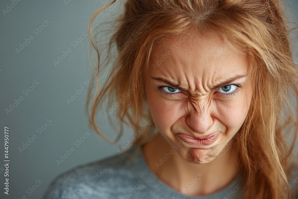 Expression of frustration from a girl with messy hair and blue eyes in a close-up shot against a neutral backdrop Expression of frustration from a girl with messy hair and blue eyes in a close-up shot against a neutral backdrop