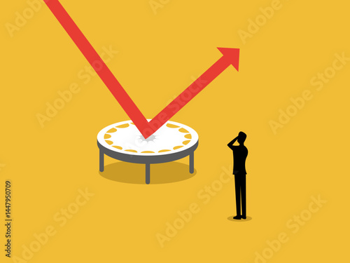 Protect the stock market, businessman looking at the arrow bouncing on a high jump trampoline