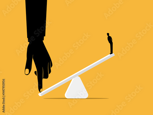 Giant Hand Pushes Businessman Seesaw Up