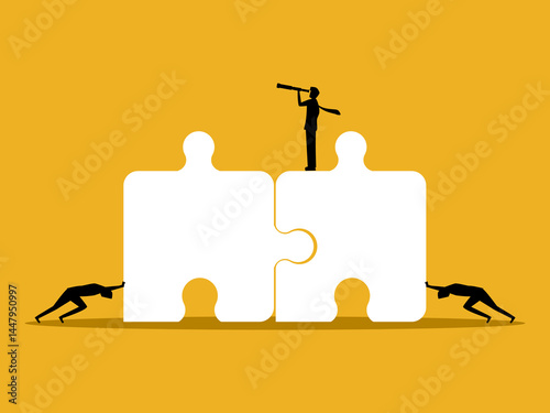 Businessman holding telescope searching for connections, two employees on a jigsaw puzzle