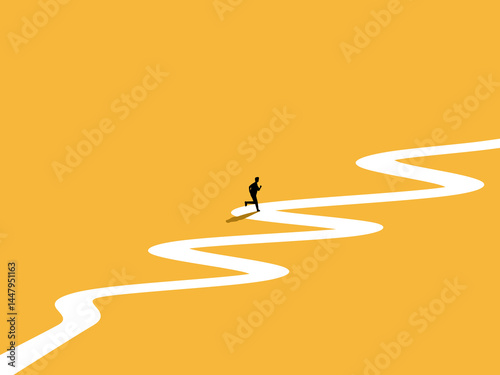 Businessman running long distances on a winding path